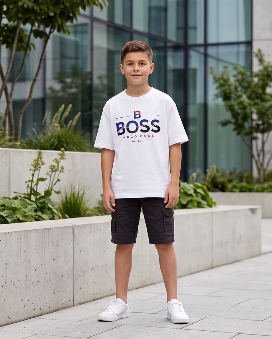 Camiseta Hugo Boss Niños BOSS Tricolor Blanca - Lifestyle caminando ciudad