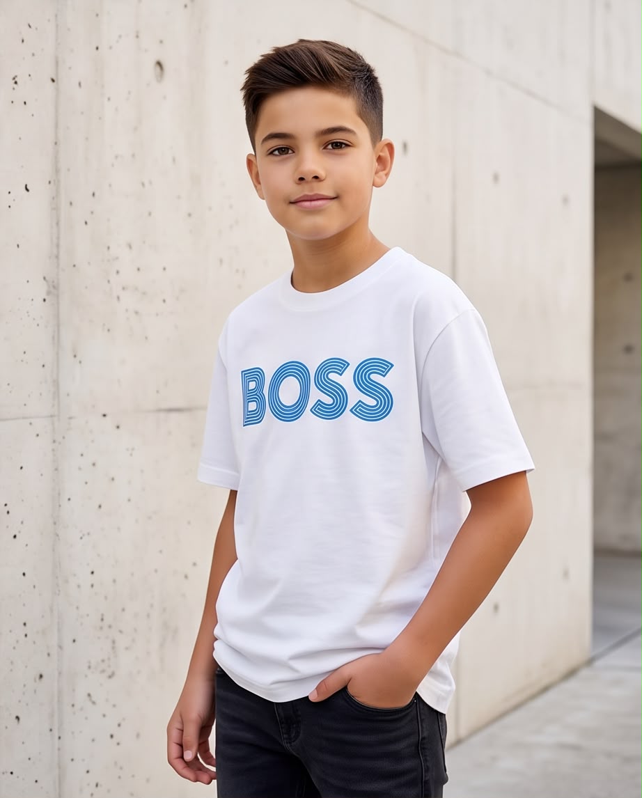 Camiseta Hugo Boss Niños BOSS Outline Azul Blanca - Detalle gráfico frontal