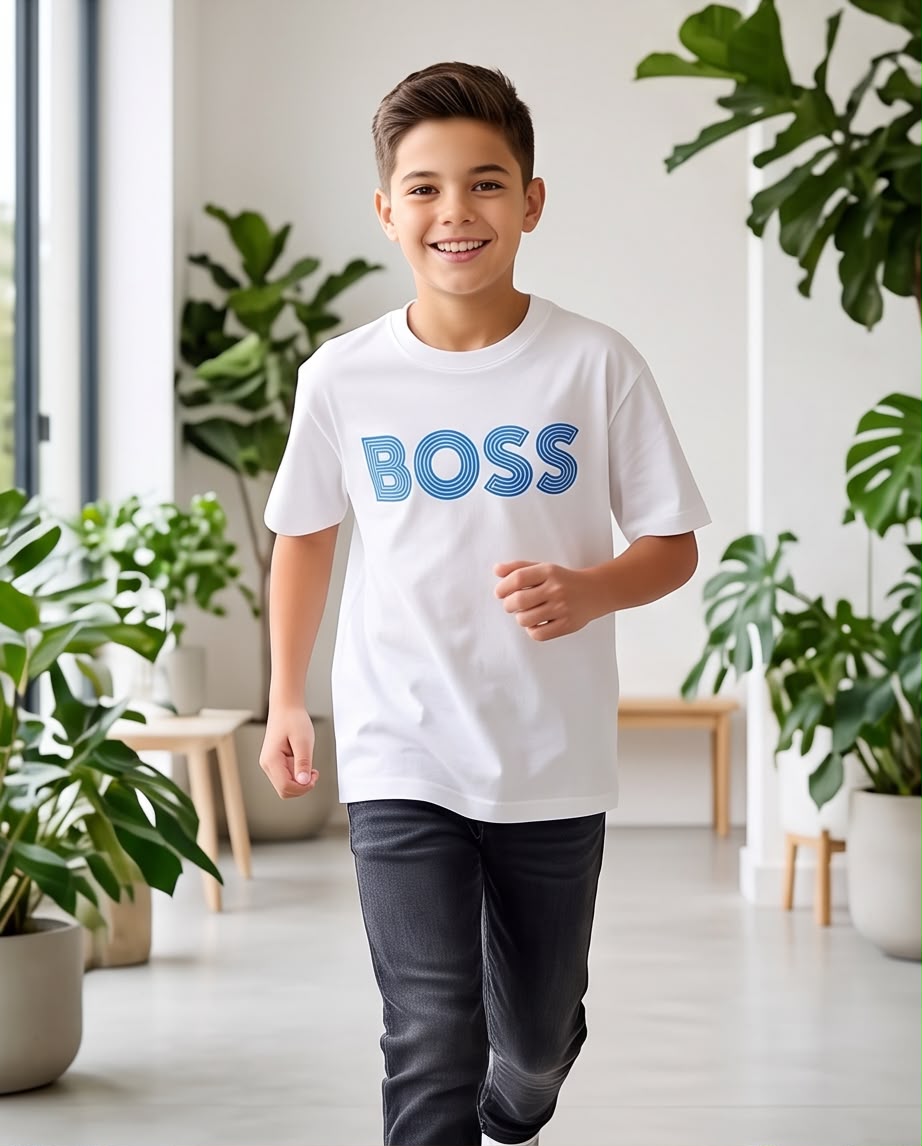 Camiseta Hugo Boss Niños BOSS Outline Azul Blanca - Lifestyle sentado banco