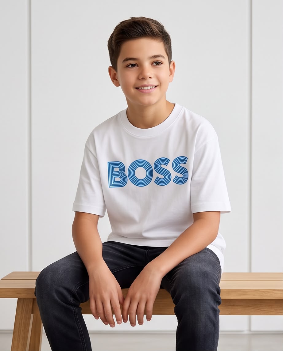 Camiseta Hugo Boss Niños BOSS Outline Azul Blanca - Lifestyle caminando interior plantas