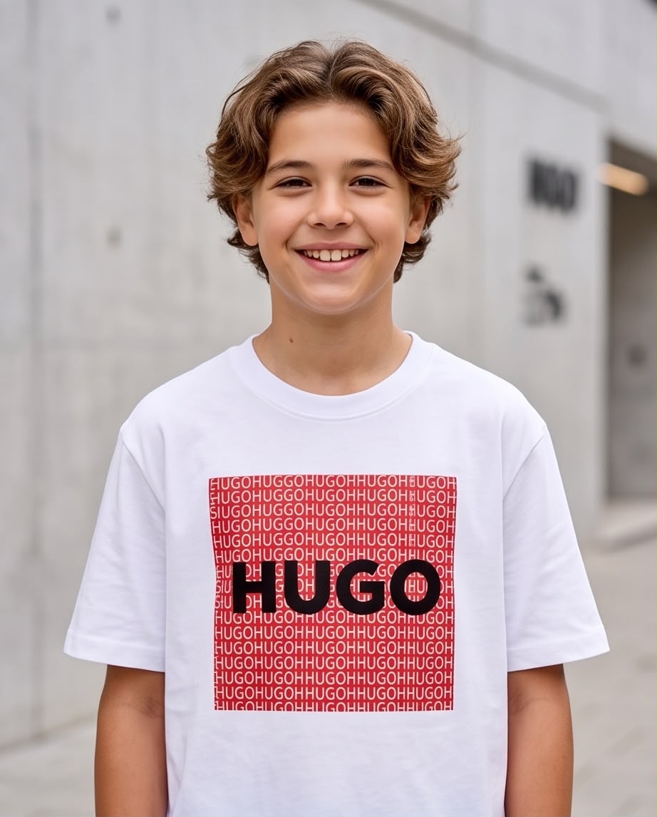 Camiseta Hugo Boss Niños HUGO Box Logo Rojo Blanca - Lifestyle de pie fondo urbano