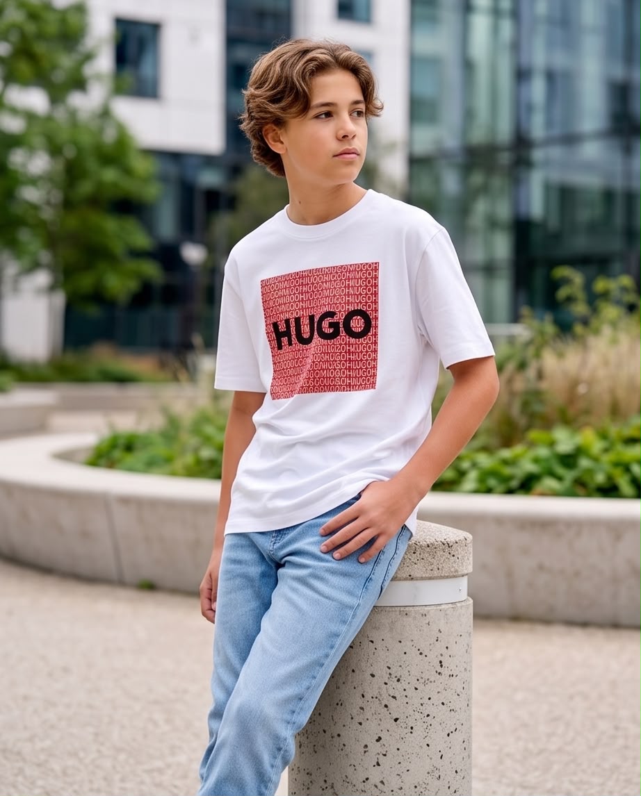 Camiseta Hugo Boss Niños HUGO Box Logo Rojo Blanca - Lifestyle apoyado poste