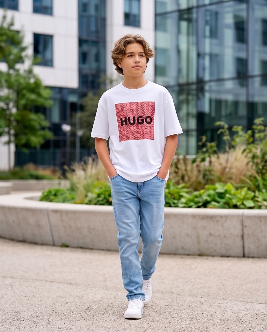 Camiseta Hugo Boss Niños HUGO Box Logo Rojo Blanca - Detalle gráfico frontal