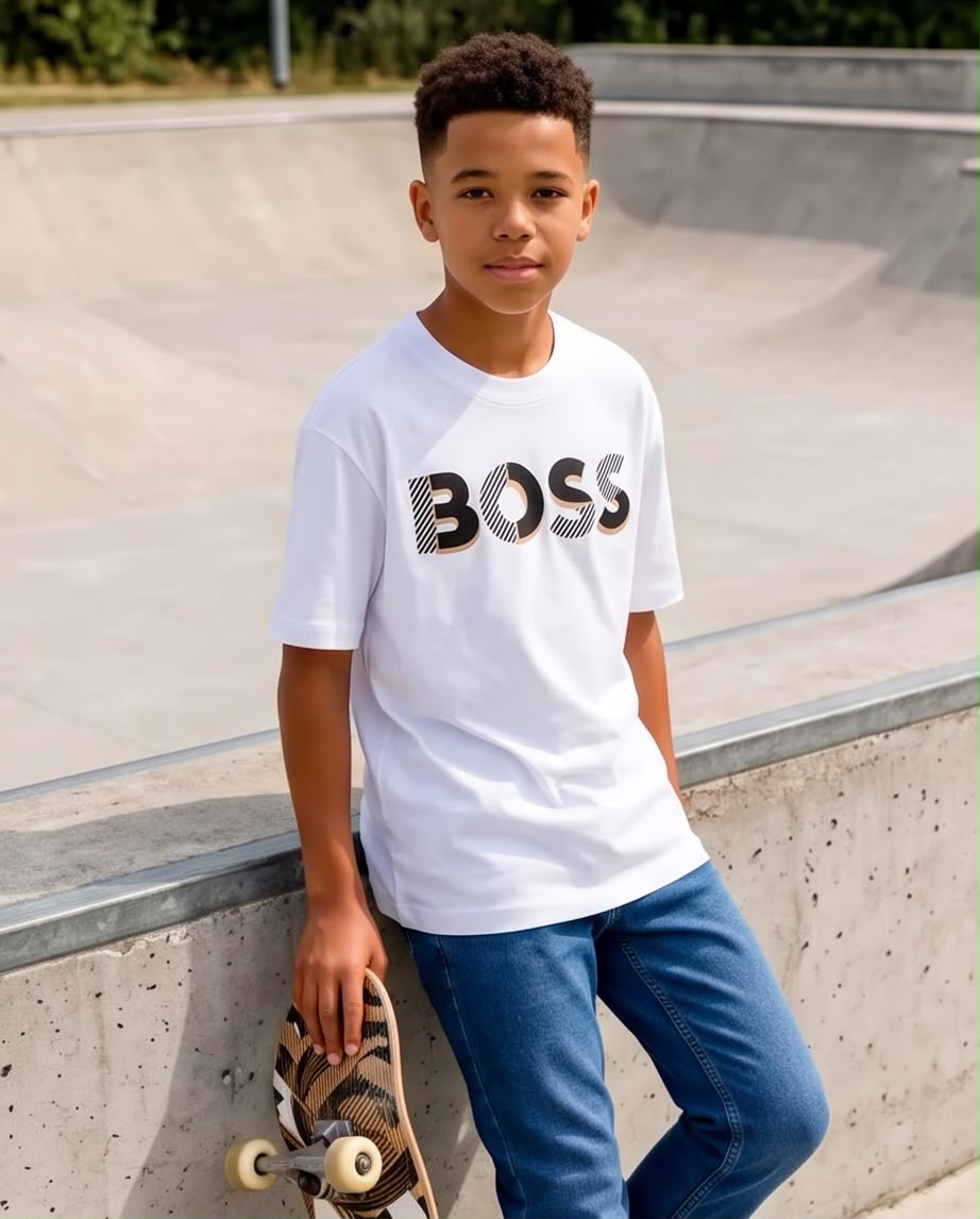 Camiseta Hugo Boss Niños BOSS Diagonal Stripes Blanca - Lifestyle frente fondo neutro