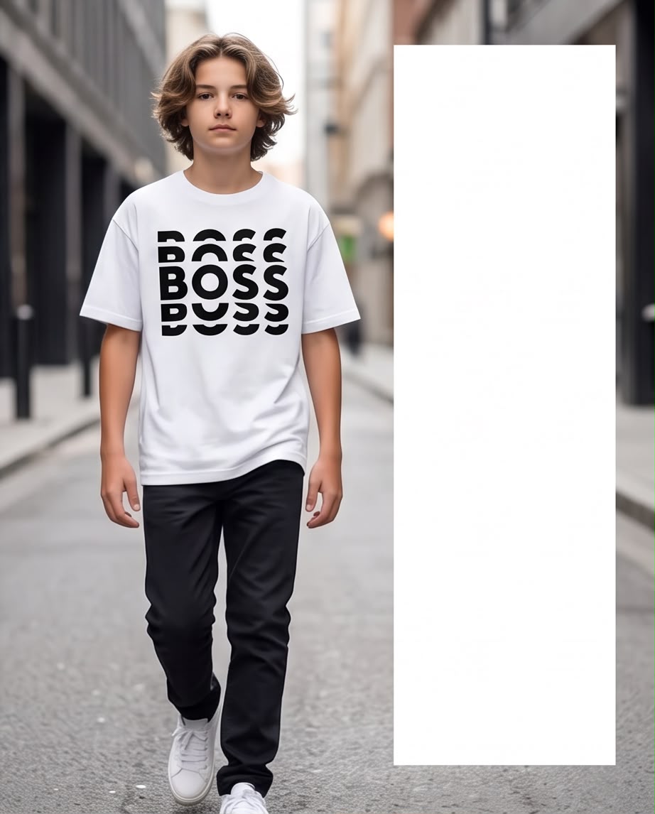 Camiseta Hugo Boss Niños BOSS Triple Stack Negro Blanca - Detalle gráfico frontal