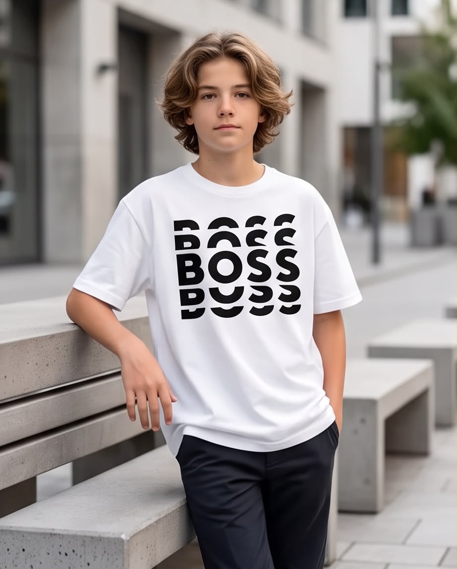 Camiseta Hugo Boss Niños BOSS Triple Stack Negro Blanca - Lifestyle fondo neutro frente