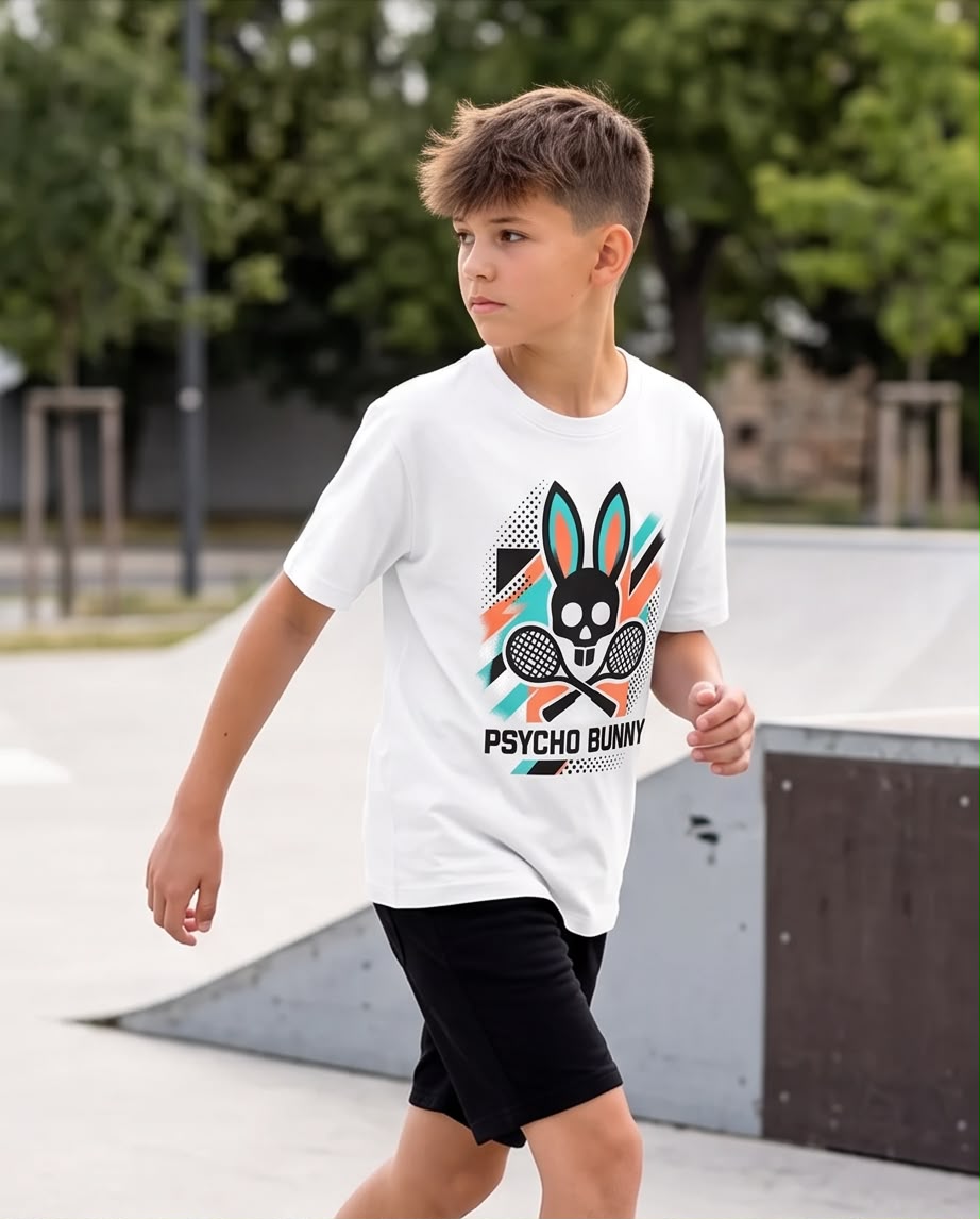 Camiseta Psycho Bunny Niños Skull Tennis Blanca - Detalle gráfico frontal close-up