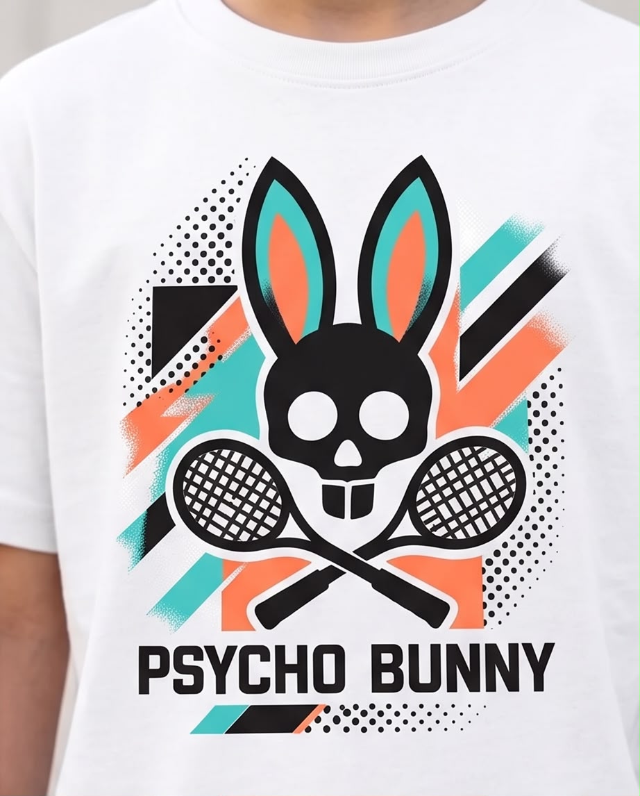 Camiseta Psycho Bunny Niños Skull Tennis Blanca - Lifestyle apoyado pared hormigón