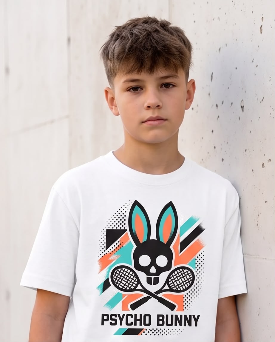 Camiseta Psycho Bunny Niños Skull Tennis Blanca - Lifestyle skatepark corriendo