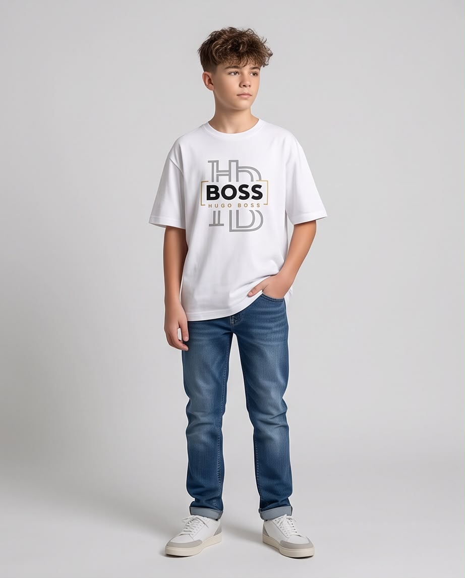 Camiseta Hugo Boss Niños HB Monogram Gold Box Blanca - Lifestyle perfil fondo gris