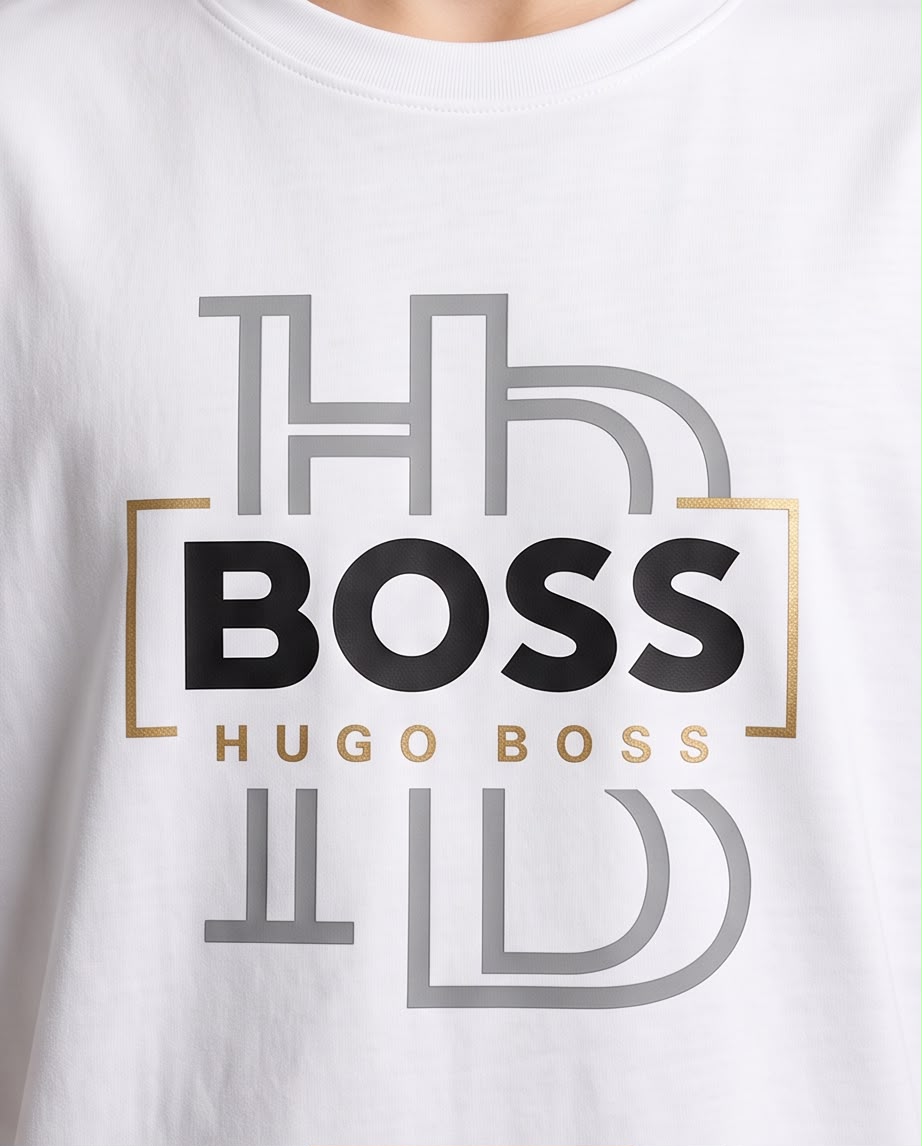 Camiseta Hugo Boss Niños HB Monogram Gold Box Blanca - Detalle gráfico frontal close-up