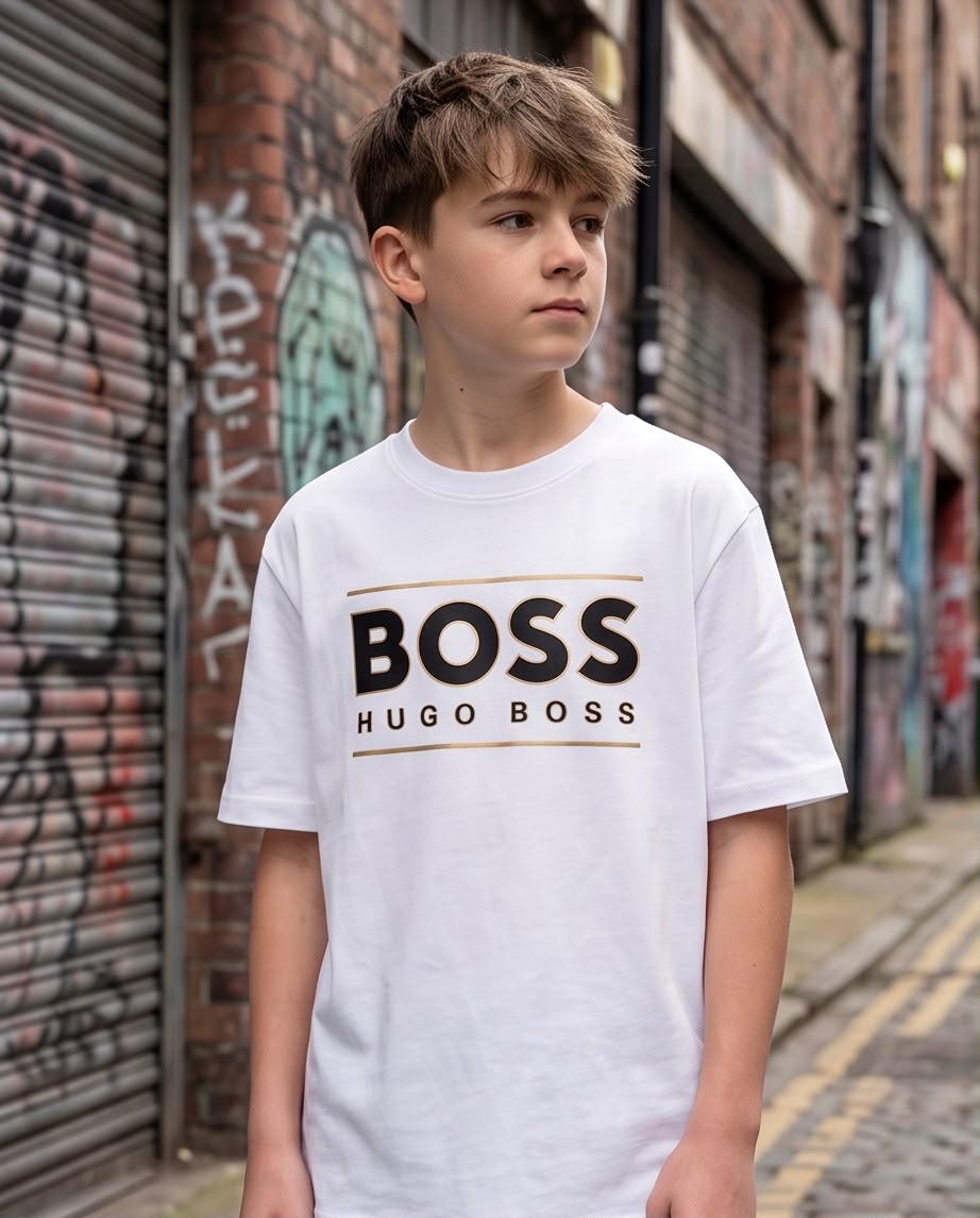 Camiseta Hugo Boss Niños BOSS Gold Frame Blanca - Lifestyle frente fondo gris