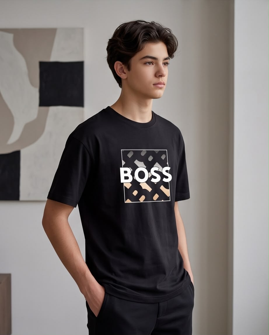 Camiseta Hugo Boss Niños BOSS Monogram Box Negro - Lifestyle frente fondo gris