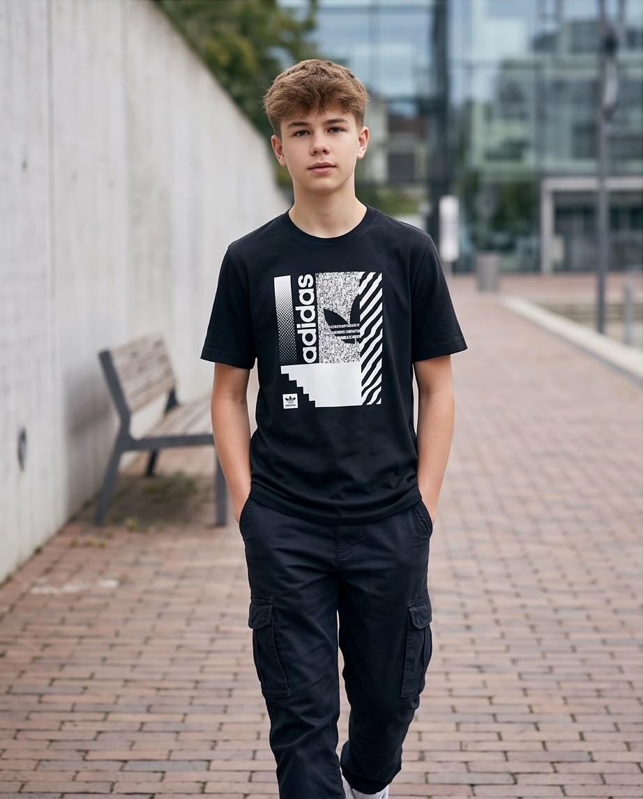 Camiseta Adidas Originals Niños Trefoil Glitch Box Negro - Lifestyle frente interior fondo blanco