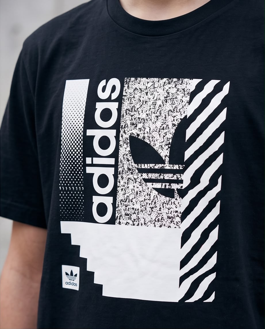 Camiseta Adidas Originals Niños Trefoil Glitch Box Negro - Lifestyle caminando calle urbana