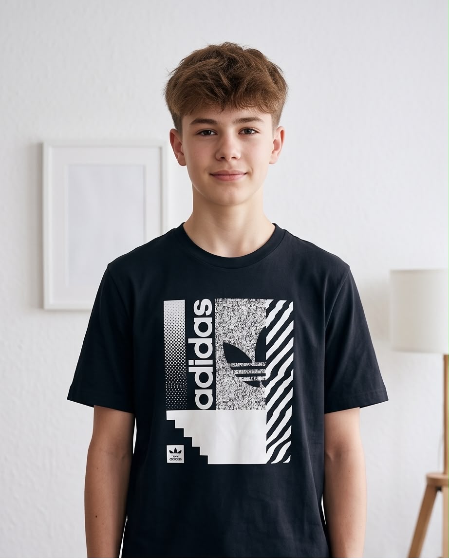 Camiseta Adidas Originals Niños Trefoil Glitch Box Negro - Lifestyle sentado escaleras exterior