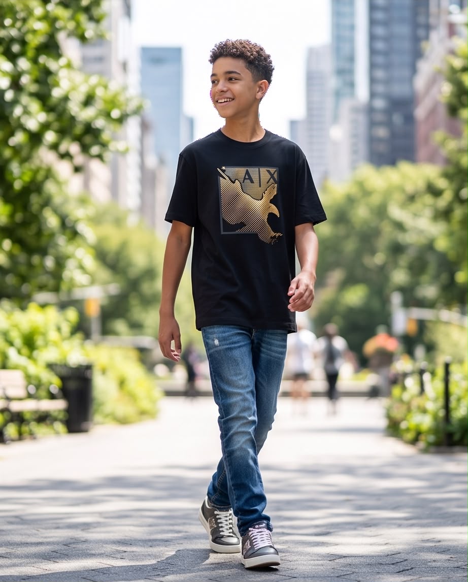 Camiseta Armani Exchange Niños AX Eagle Gold Stripes Negro - Lifestyle frente fondo gris neutro