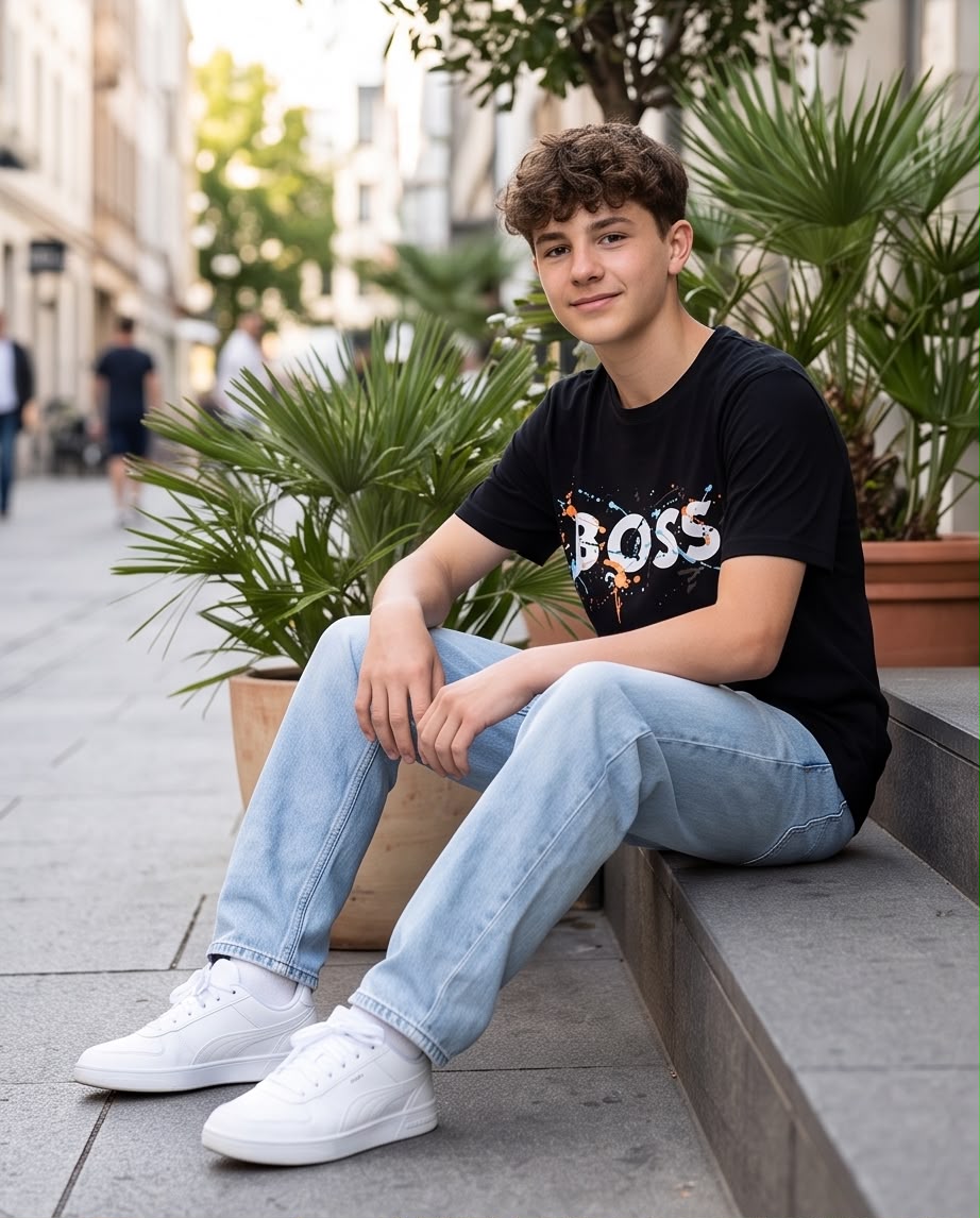 Camiseta Hugo Boss Niños BOSS Paint Splash Negro - Lifestyle frente muro hormigón