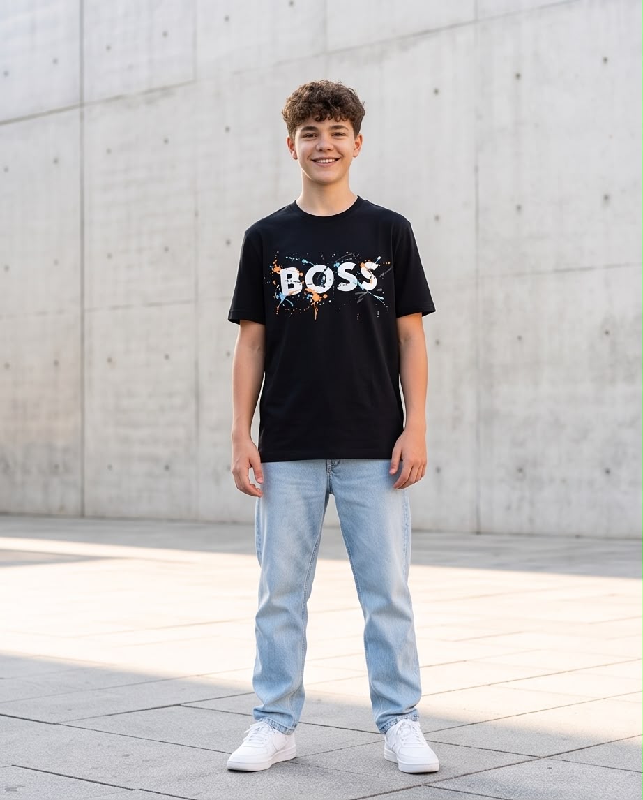 Camiseta Hugo Boss Niños BOSS Paint Splash Negro - Lifestyle sentado calle palmeras