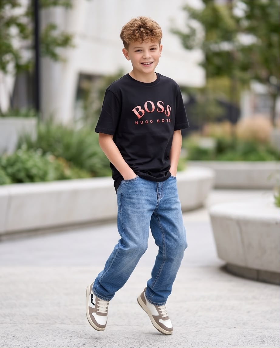 Camiseta Hugo Boss Niños BOSS Arch Coral Negro - Lifestyle frente interior fondo blanco madera