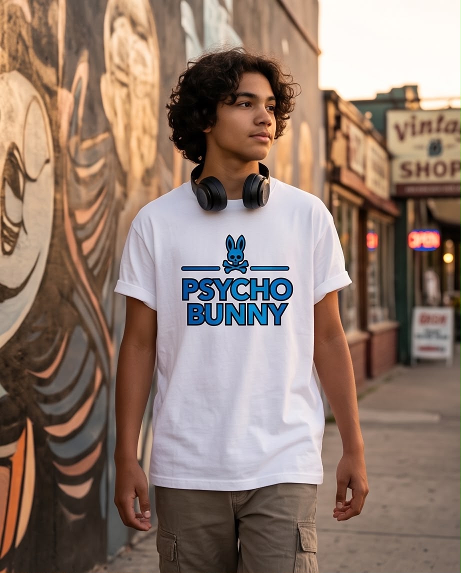 Camiseta Psycho Bunny Niños Skull Bunny Bold Azul Blanca - Lifestyle frente muro graffiti