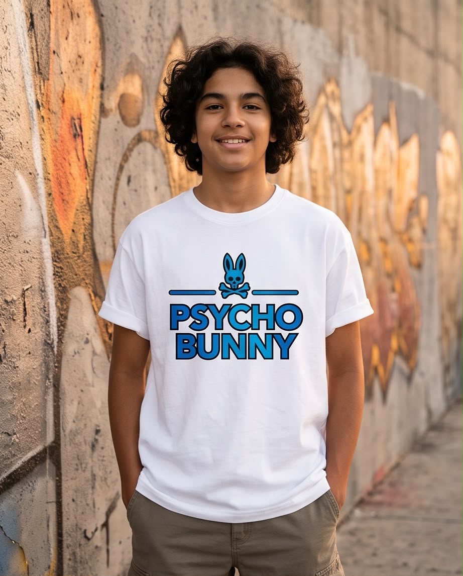 Camiseta Psycho Bunny Niños Skull Bunny Bold Azul Blanca - Lifestyle calle vintage mural urbano
