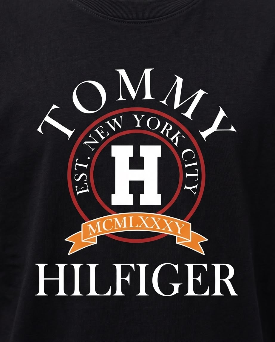 Camiseta Tommy Hilfiger Niños Varsity Crest NYC Negro - Detalle gráfico frontal close-up emblema