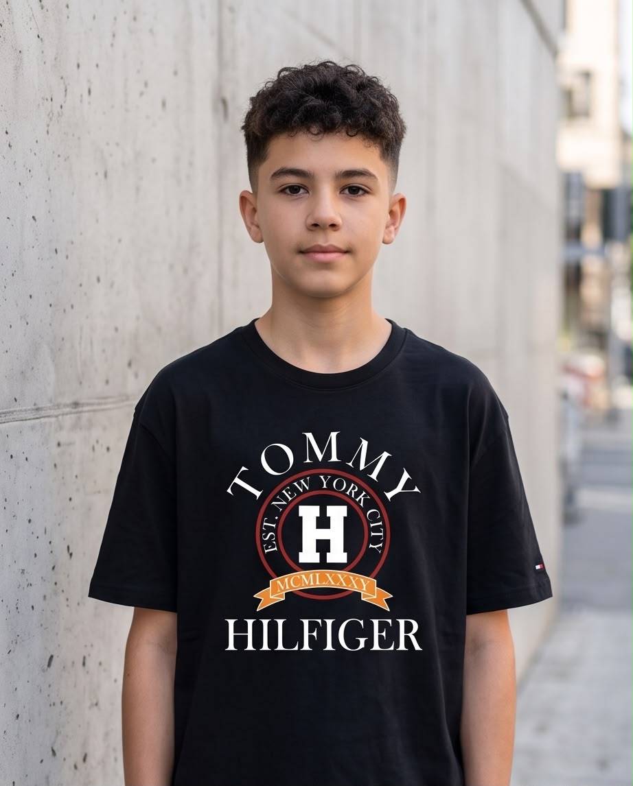 Camiseta Tommy Hilfiger Niños Varsity Crest NYC Negro - Lifestyle caminando calle comercial europea