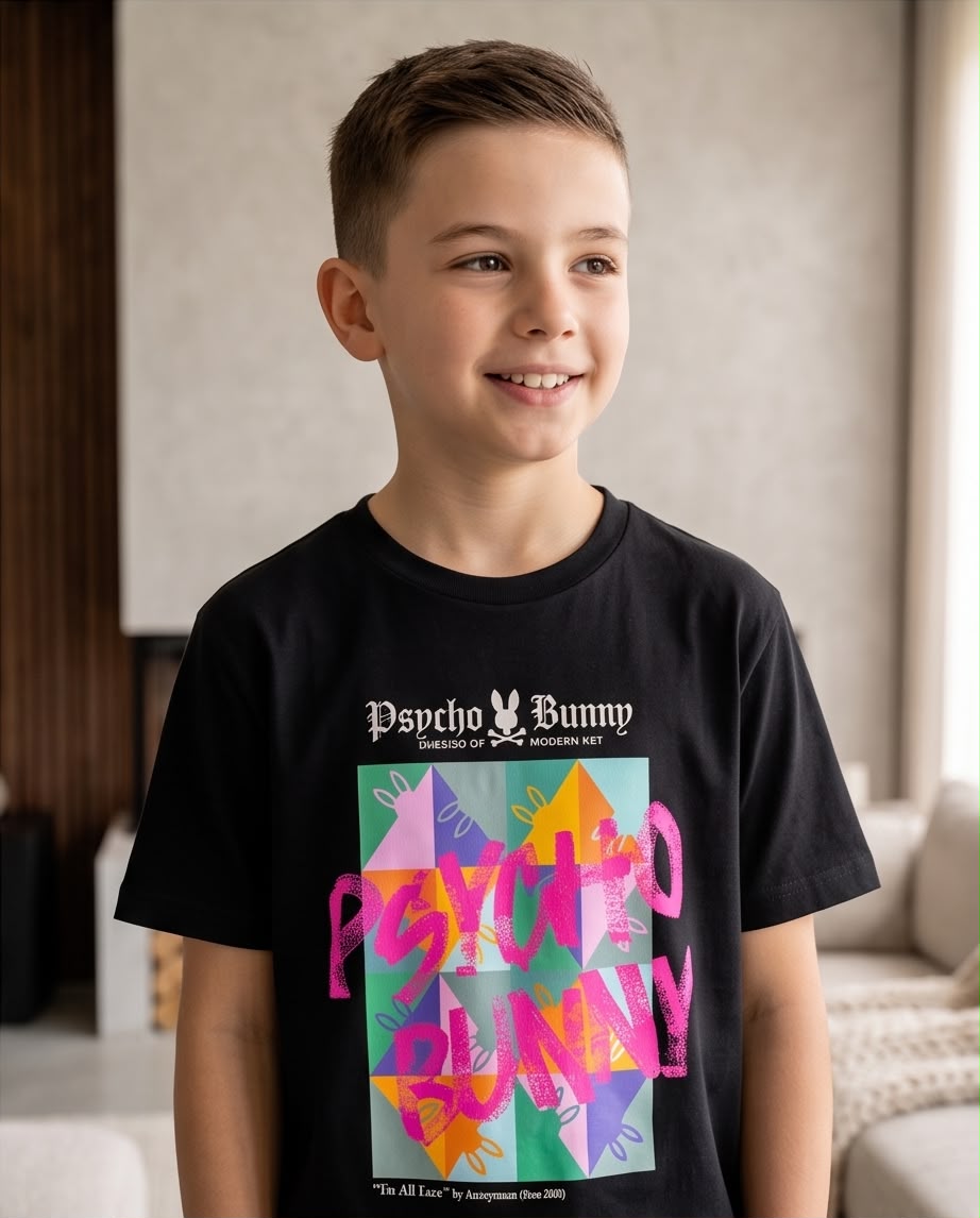 Camiseta Psycho Bunny Niños Graffiti Art Box Negro - Lifestyle niño sonriendo interior sala moderna