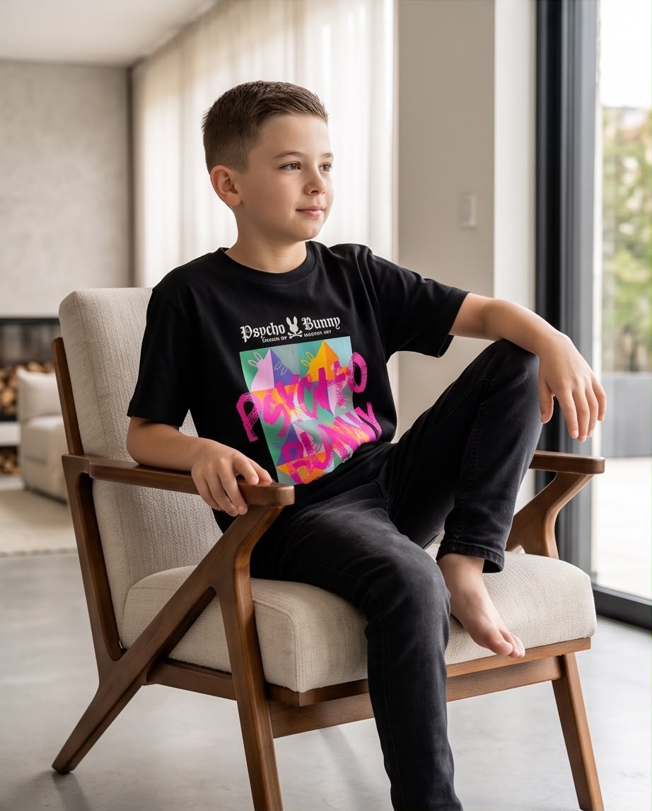 Camiseta Psycho Bunny Niños Graffiti Art Box Negro - Lifestyle niño sonriendo chimenea interior