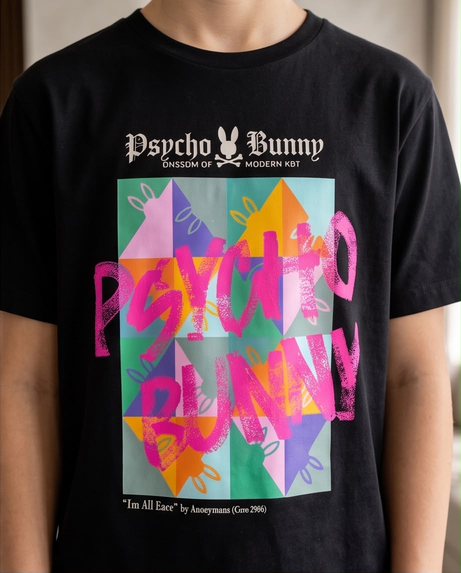 Camiseta Psycho Bunny Niños Graffiti Art Box Negro - Detalle gráfico frontal close-up graffiti magenta