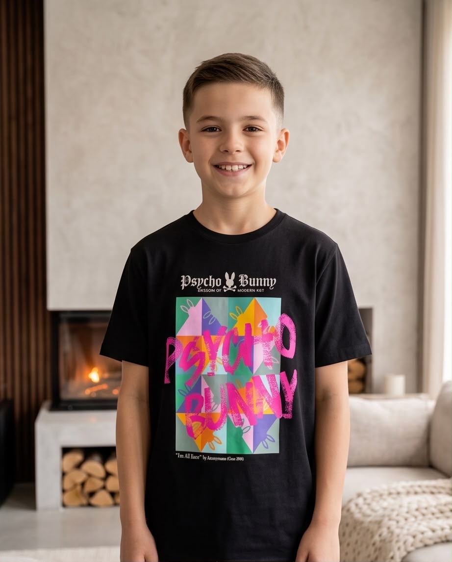 Camiseta Psycho Bunny Niños Graffiti Art Box Negro - Lifestyle niño sentado sillón diseño sala