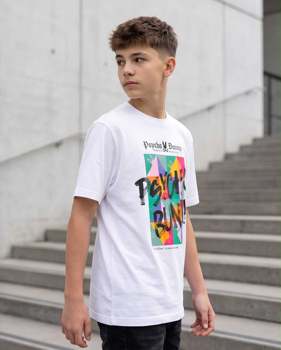 Camiseta Psycho Bunny Niños Graffiti Art Box Blanca - Detalle gráfico frontal close-up graffiti negro