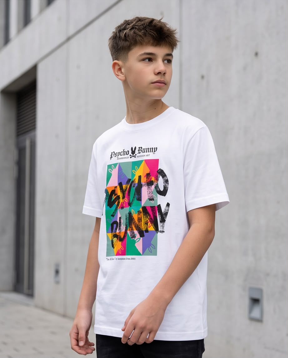 Camiseta Psycho Bunny Niños Graffiti Art Box Blanca - Lifestyle frente fondo gris neutro adolescente