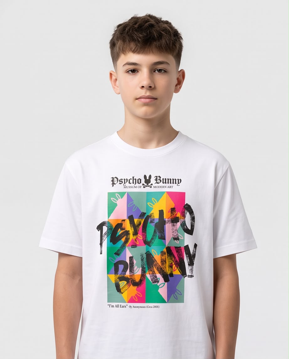 Camiseta Psycho Bunny Niños Graffiti Art Box Blanca - Lifestyle muro hormigón pose lateral calle