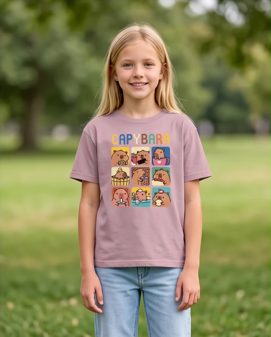 Niña con camiseta Capybara Rosa Vieja jugando en casa