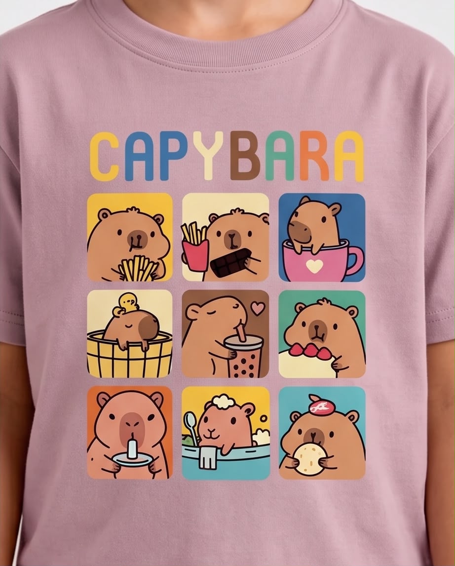 Detalle de nueve capibaras en recuadros sobre camiseta Rosa Vieja