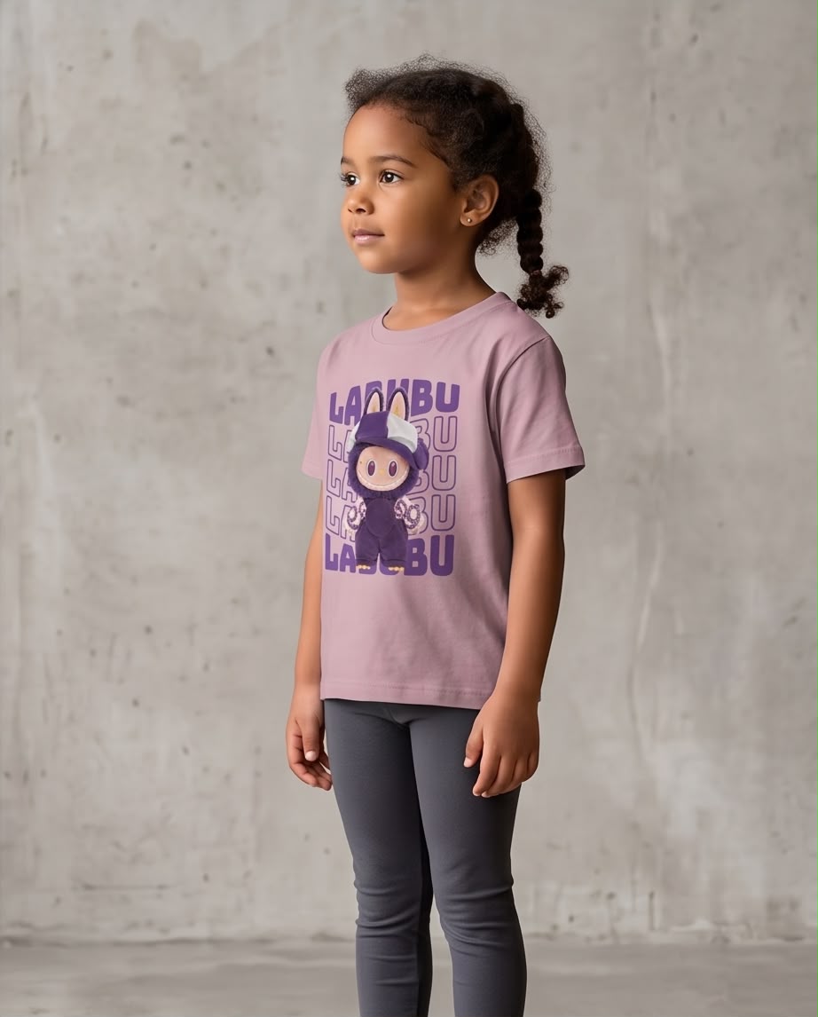 Vista lateral de camiseta Labubu morado Rosa Vieja