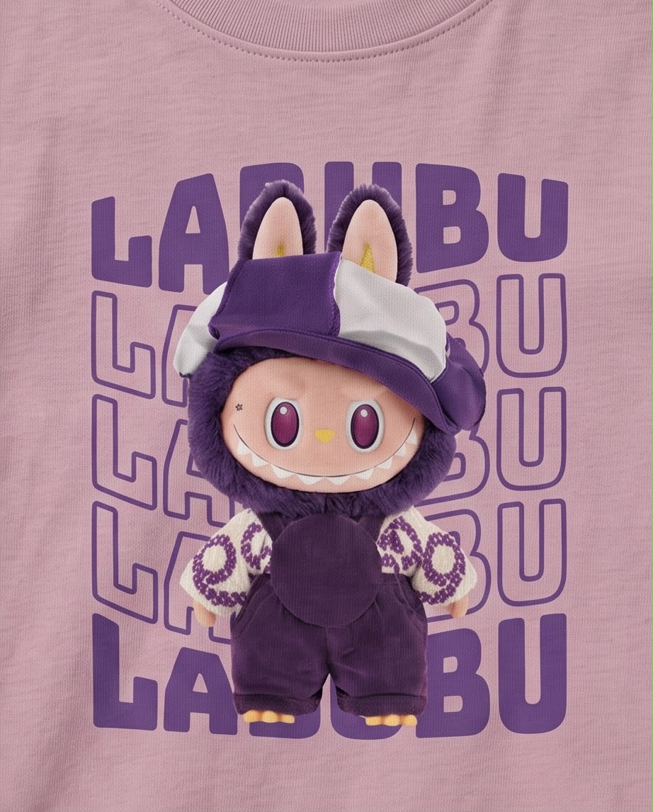 Detalle del estampado Labubu morado sobre camiseta Rosa Vieja