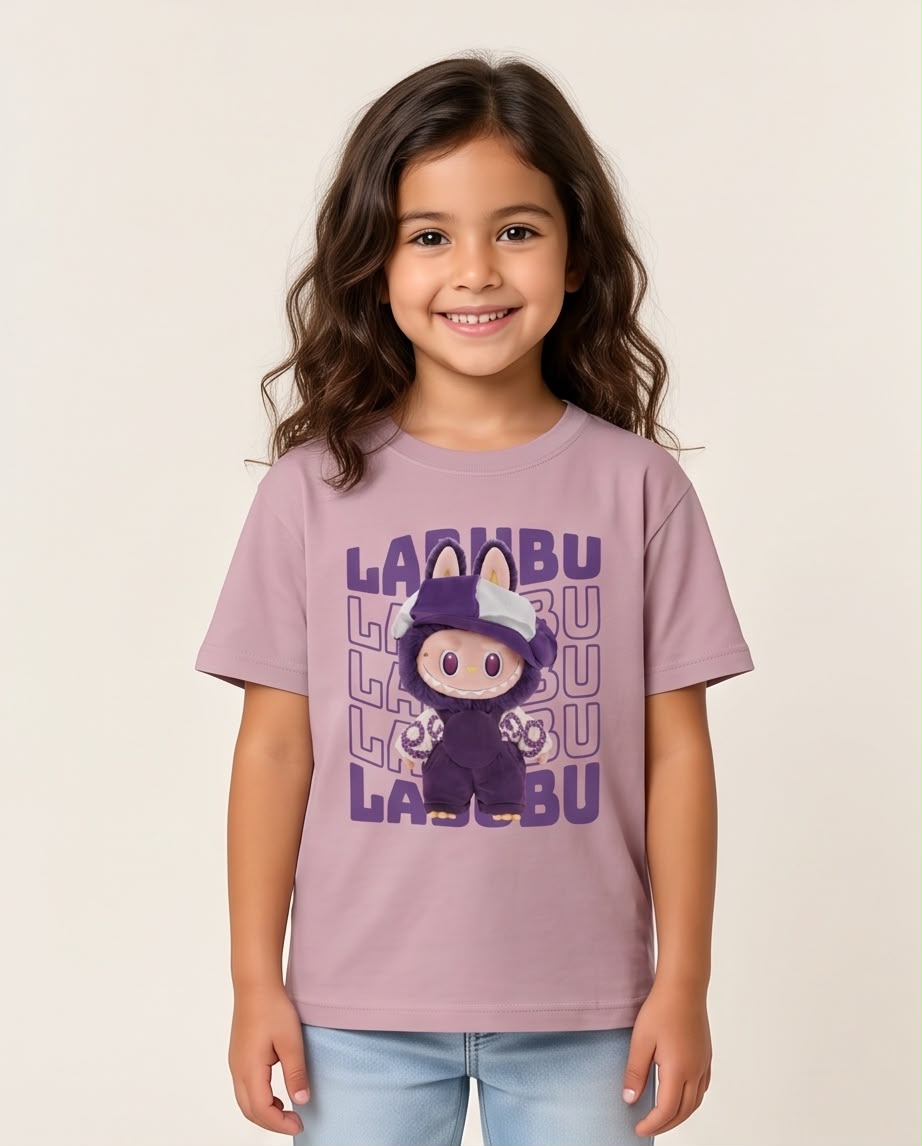Vista frontal de niña con camiseta Labubu morado Rosa Vieja