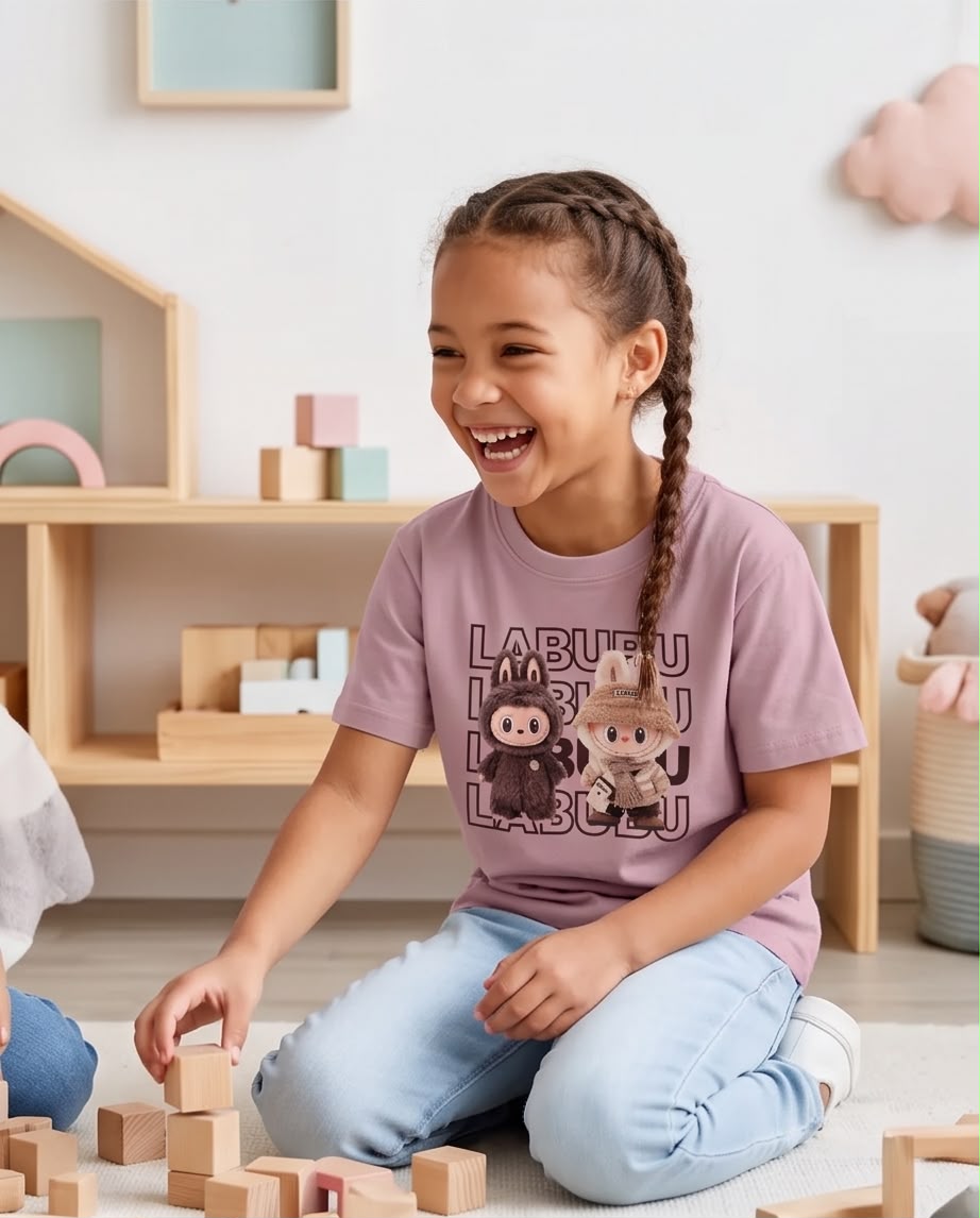 Niña jugando con camiseta Labubu dúo Rosa Vieja