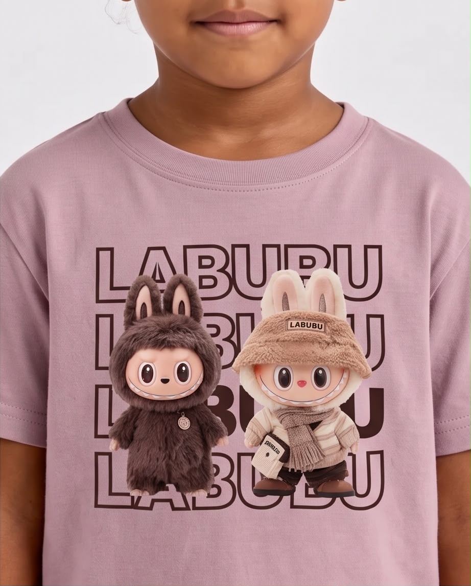 Detalle del estampado de dos Labubu sobre camiseta Rosa Vieja