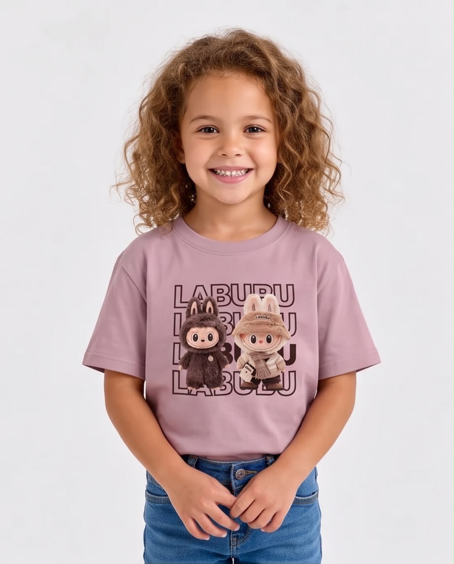 Niña de cuerpo entero con camiseta Labubu dúo Rosa Vieja