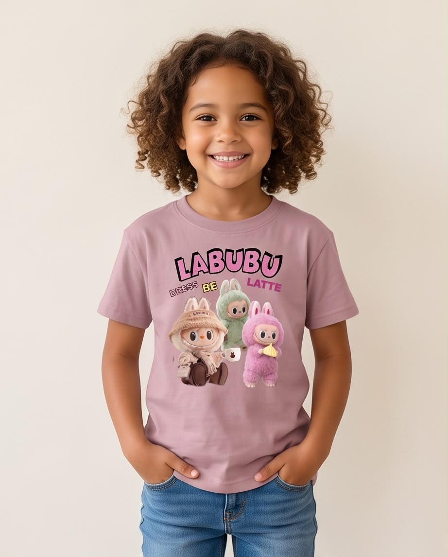 Detalle del estampado de tres Labubu sobre camiseta Rosa Vieja