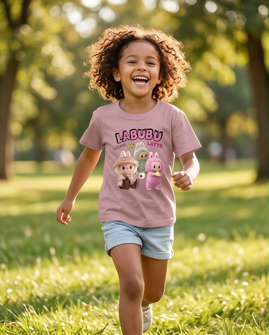 Niña sentada con camiseta Labubu trío Rosa Vieja
