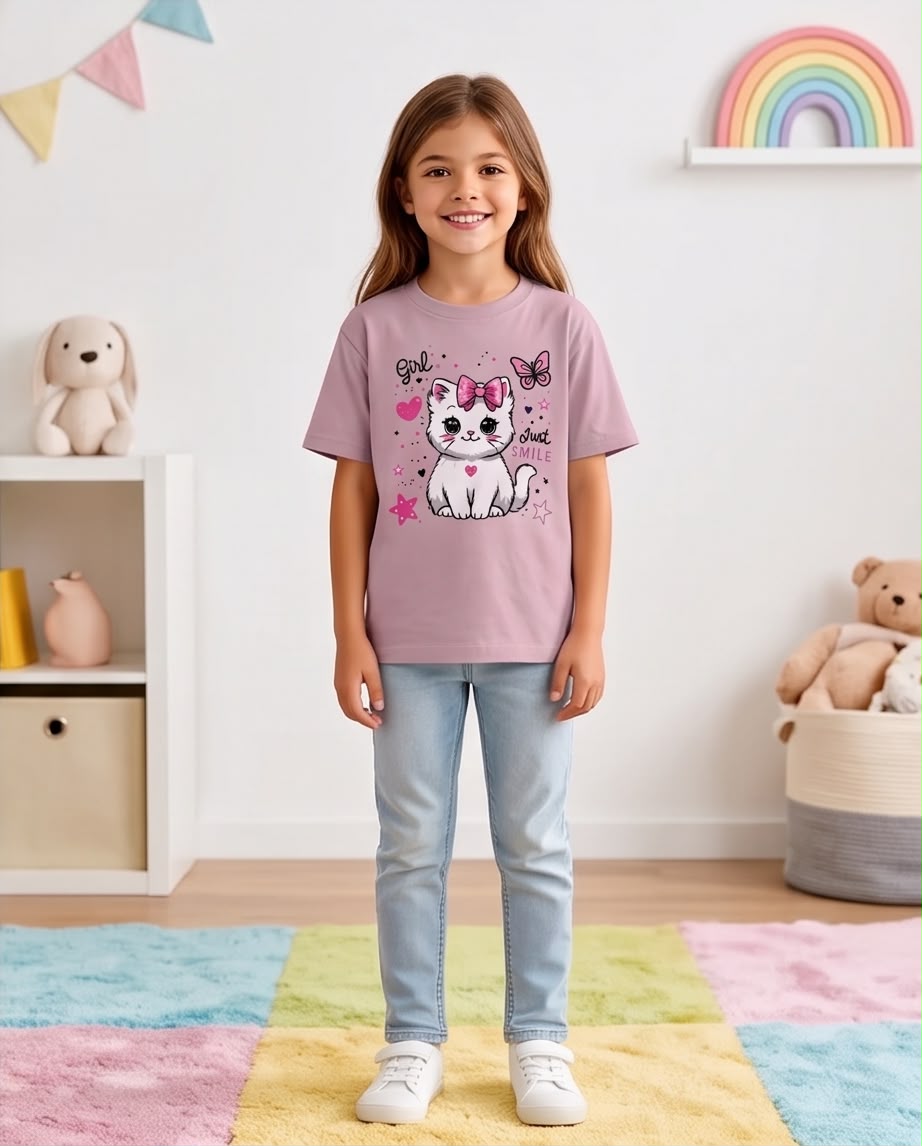 Niña sentada con camiseta Girl Just Smile Rosa Vieja