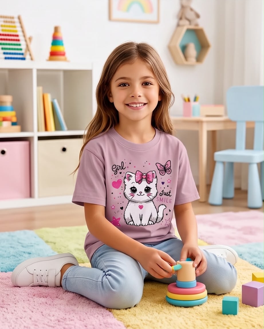 Detalle de gatita blanca con lazo rosa y texto Girl Just Smile