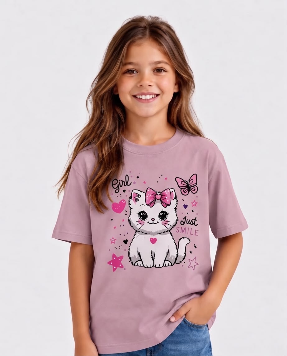 Vista frontal de niña con camiseta de gatita con lazo Rosa Vieja