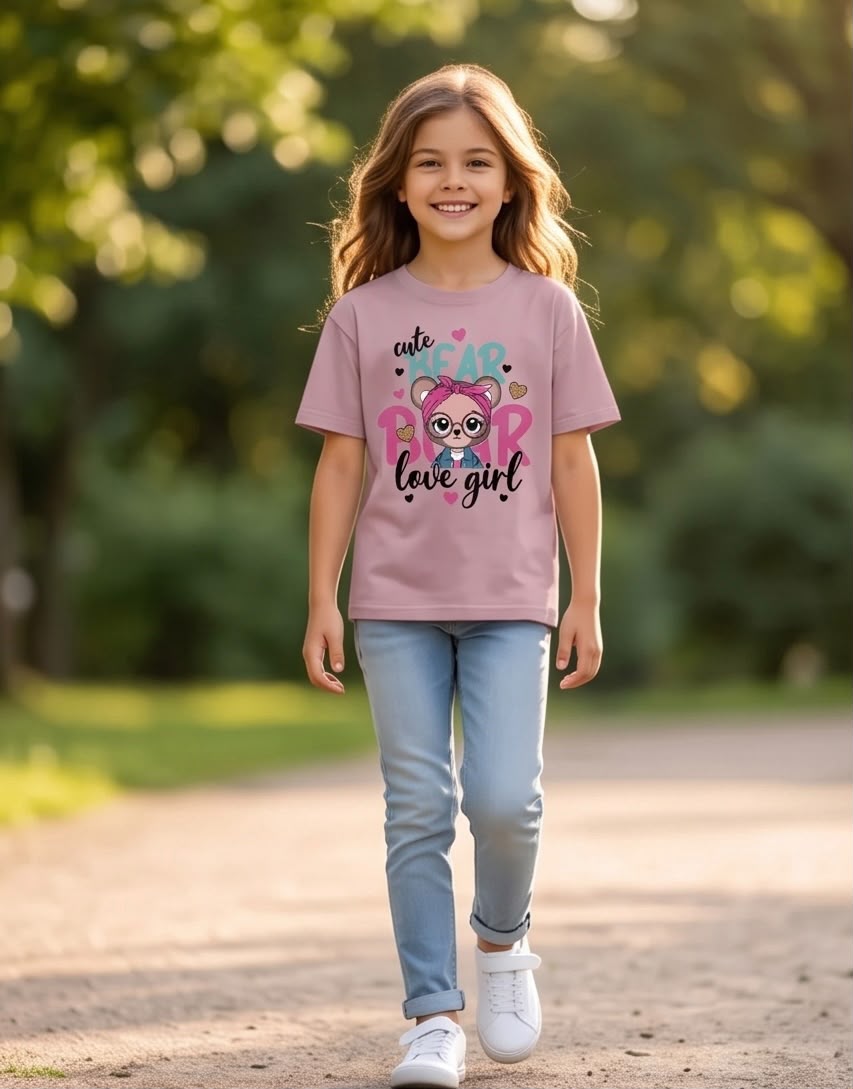 Niña sentada con camiseta de osita Cute Bear Rosa Vieja