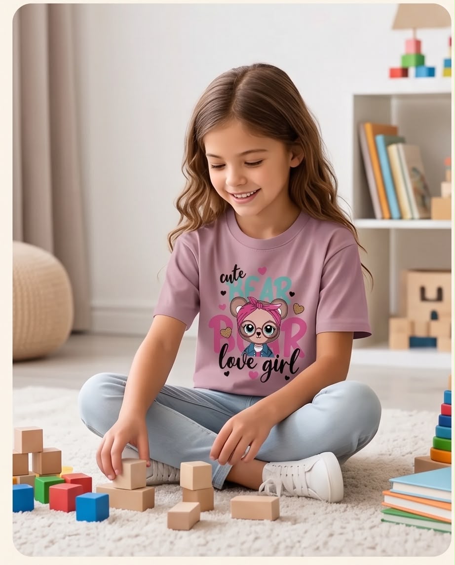 Niña con camiseta Cute Bear Love Girl Rosa Vieja de frente